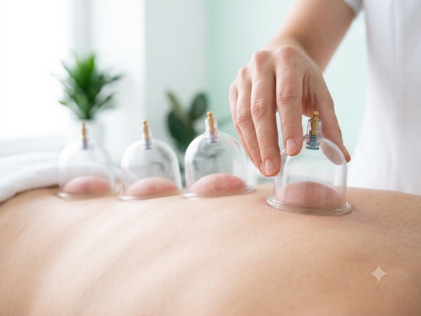 Suction cups attached along a client's back during a dry cupping session
