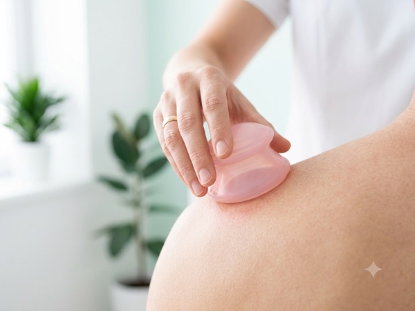 Therapist pressing a soft silicone cupping cup onto a client's shoulder