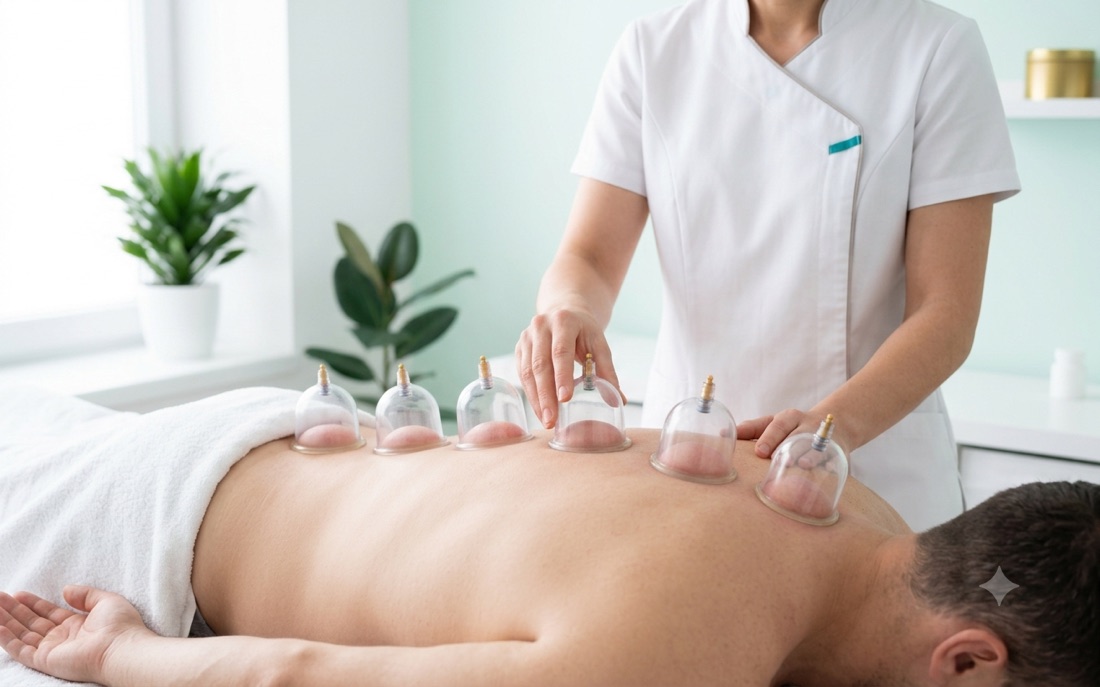 Cupping therapy being applied across the back
