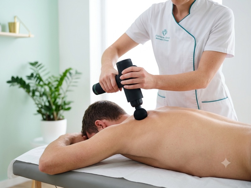 Theragun percussion therapy on a shoulder